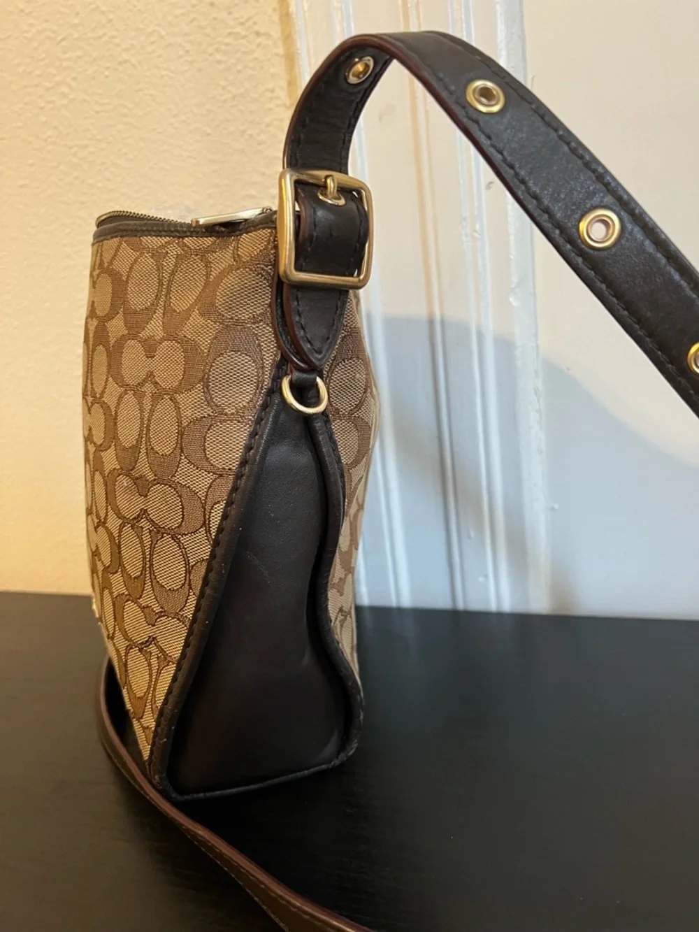 Authentic COACH Small Dufflette Signature Jacquard Crossbody Bag Brown Gold